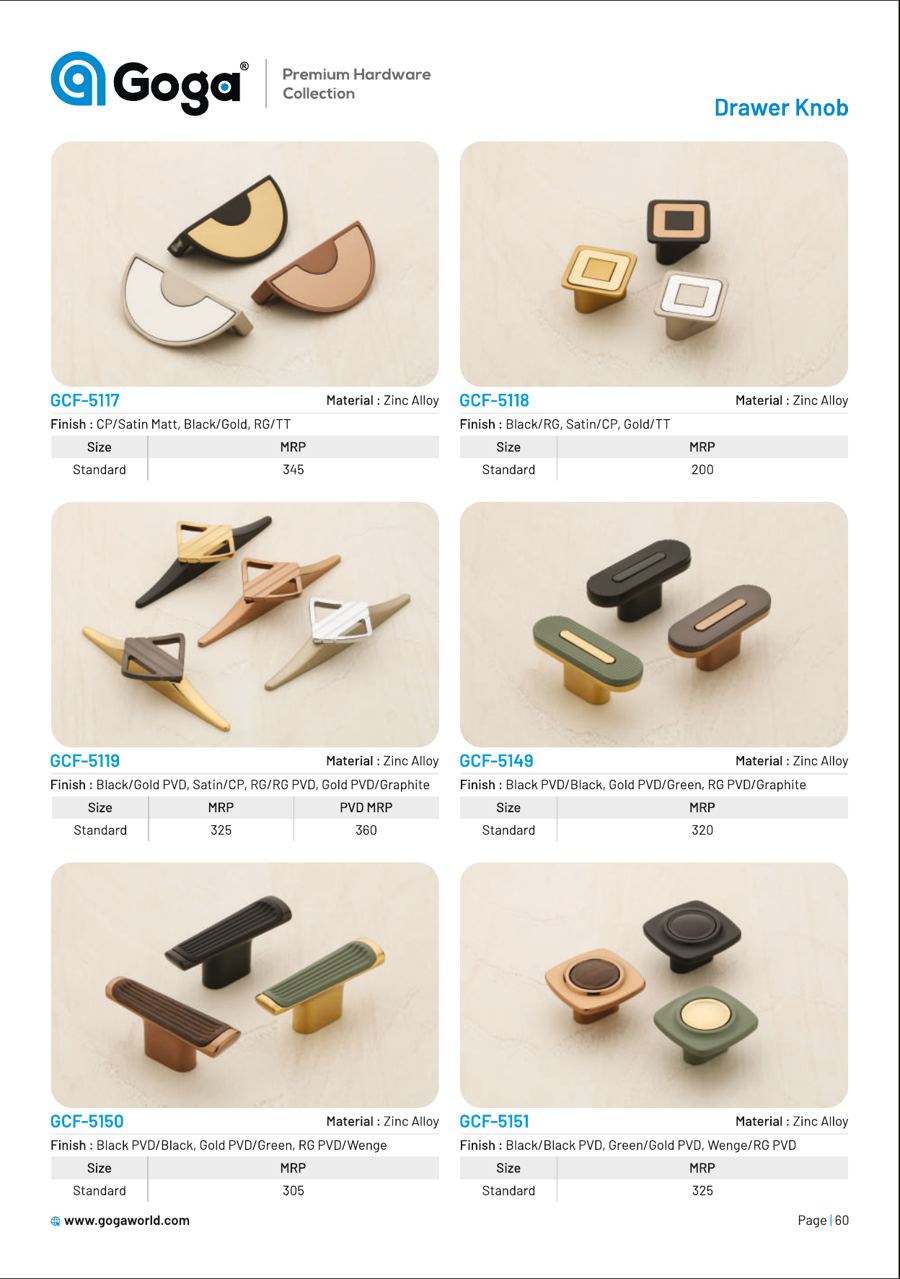 GCF-5117 Drawer Knob & Kadi in CP/Satin Matt, Black/Gold, RG/TT Finish : Black/RG, Satin/CP, Gold/TT