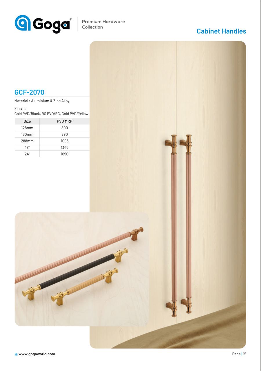 GCF-2070 Cabinet Handle in Gold PVD/Black, RG PVD/RG, Gold PVD/Yellow