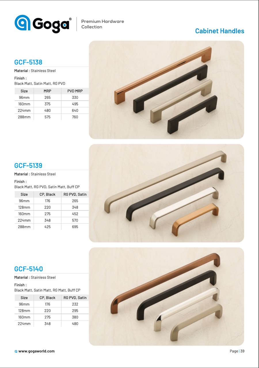 GCF-5138 Cabinet Handle in Black Matt, Satin Matt, RG PVD