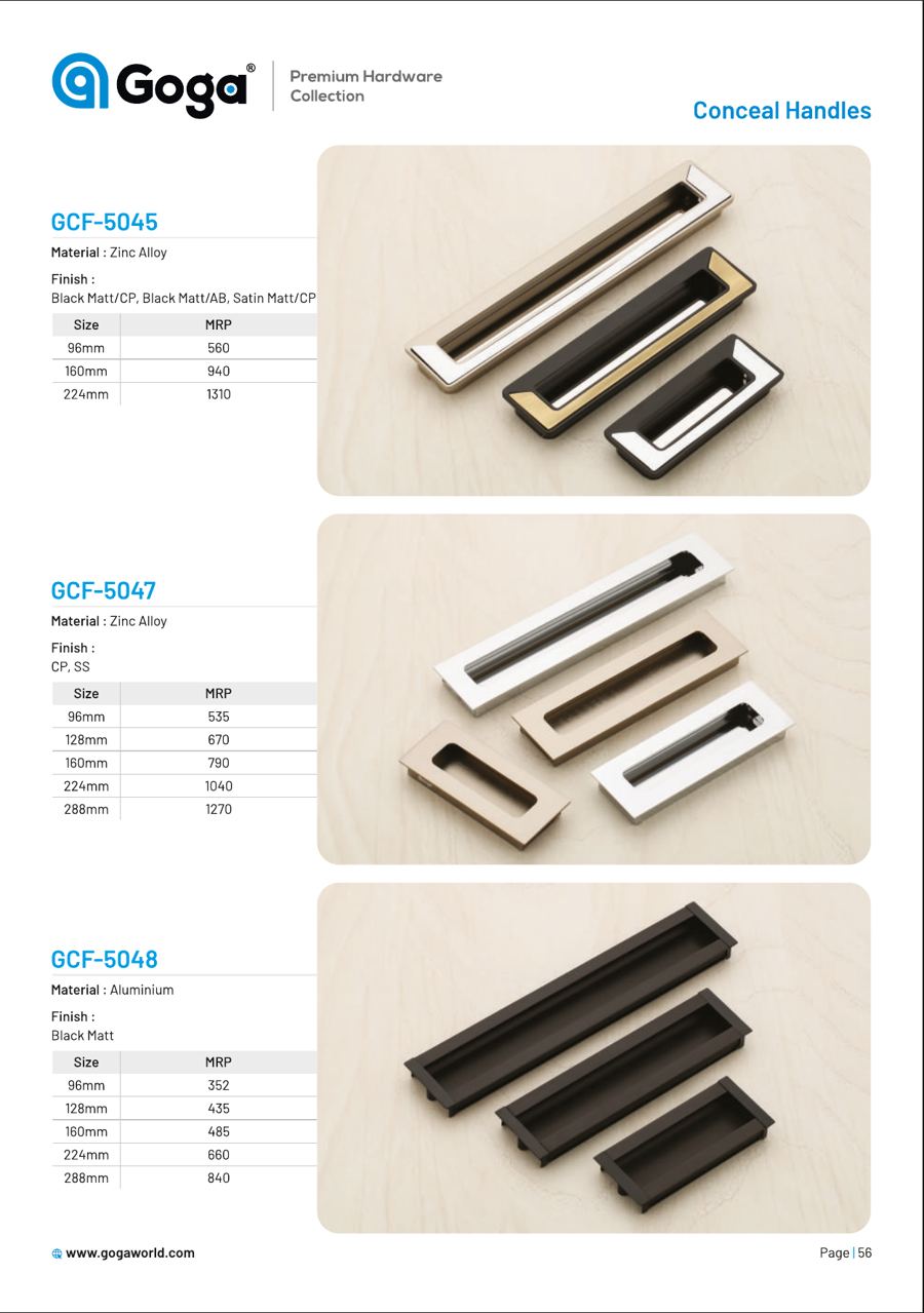 GCF-5045 Conceal Handle in Black Matt/CP, Black Matt/AB, Satin Matt/CP