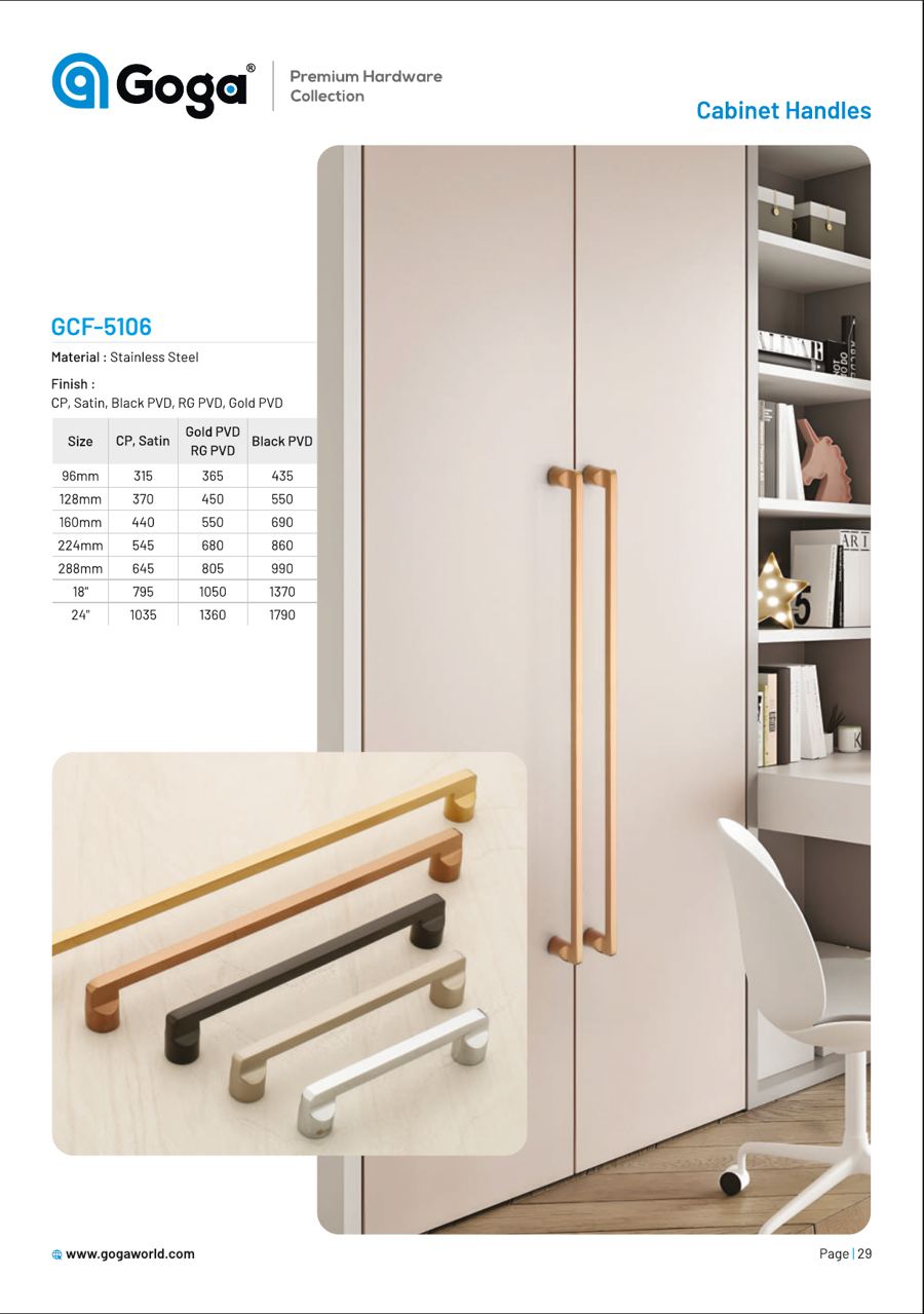 GCF-5106 Cabinet Handle in CP, Satin, Black PVD, RG PVD, Gold PVD
