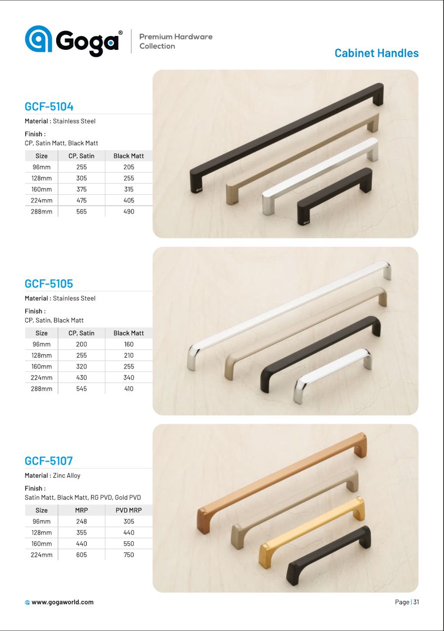 GCF-5104 Cabinet Handle in CP, Satin Matt, Black Matt