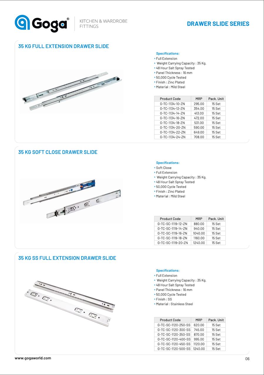 35 Kg Full Extension Drawer Slide in Zinc Plated