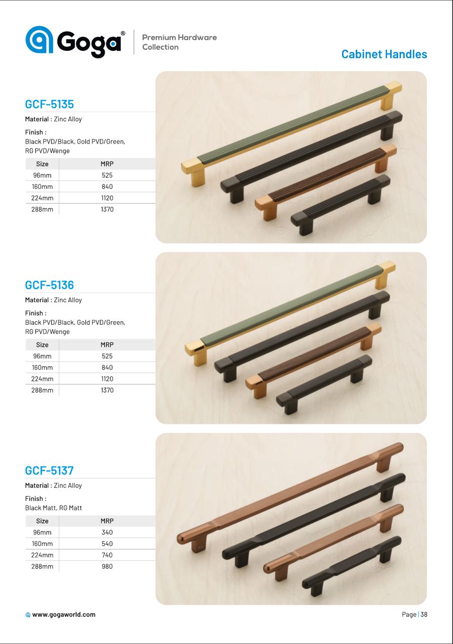 GCF-5135 Cabinet Handle in Black PVD/Black, Gold PVD/Green,