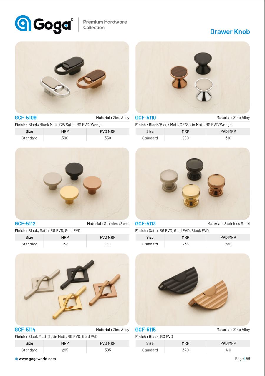 GCF-5114 Drawer Knob & Kadi in Black Matt, Satin Matt, RG PVD, Gold PVD Finish : Black, RG PVD