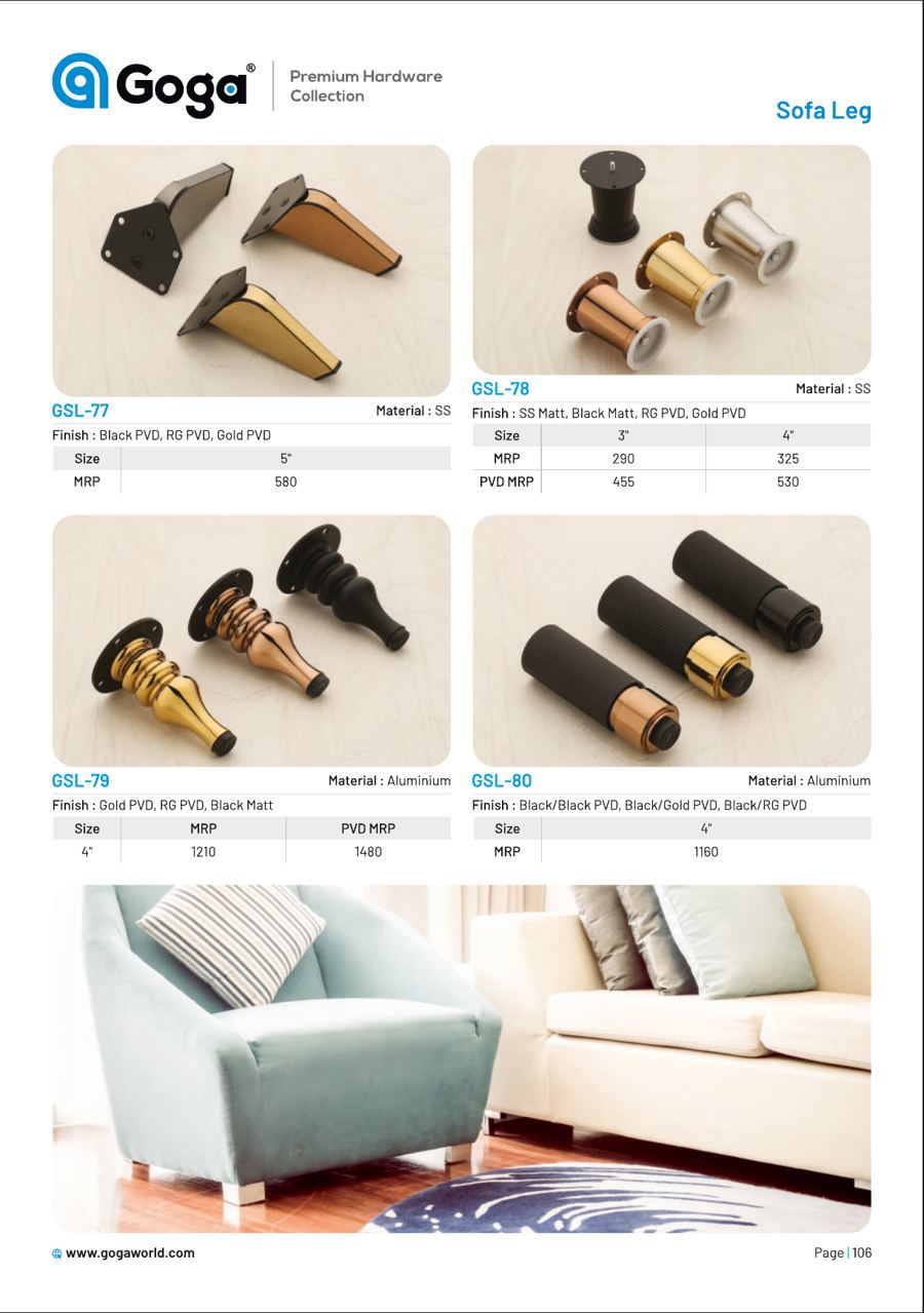 GSL-78 Sofa Leg in SS Matt, Black Matt, RG PVD, Gold PVD