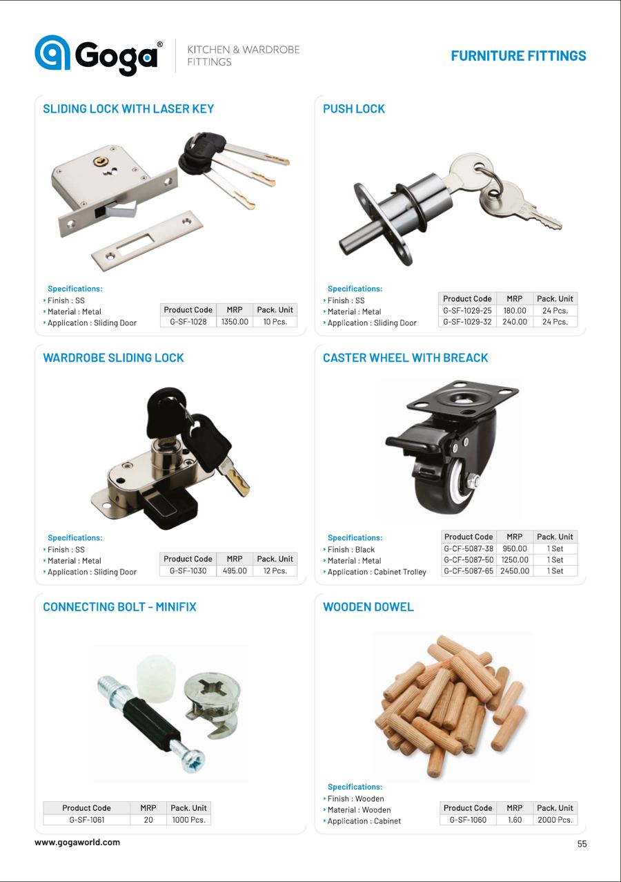 Sliding Lock With Laser Key Push Lock in SS + Finish : SS ProductCode  MRP  Pack. Unit