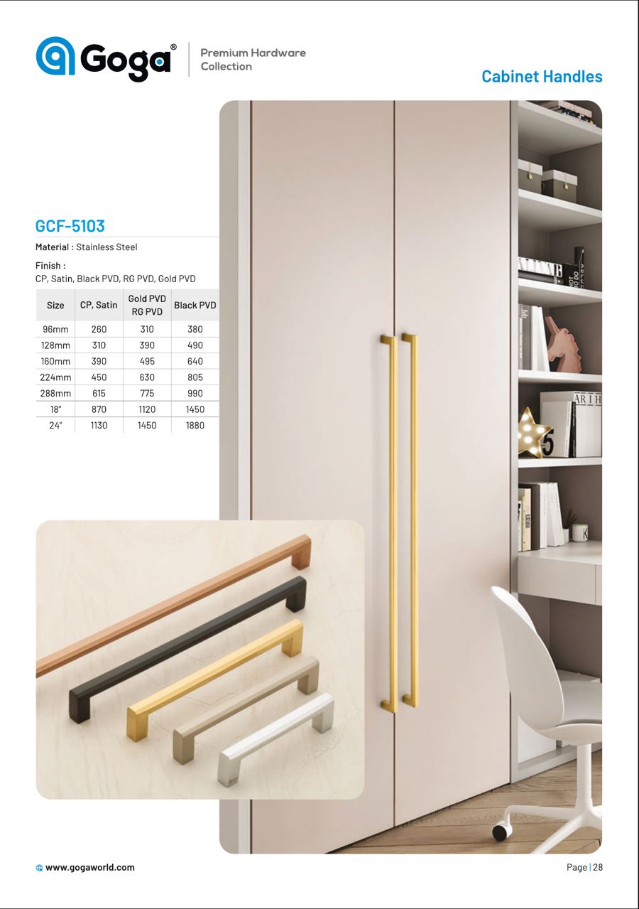 GCF-5103 Cabinet Handle in CP, Satin, Black PVD, RG PVD, Gold PVD